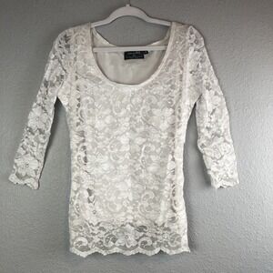 Patricia Wolf Womens Blouse Medium White‎ Laced Top 3/4 Sleeve Romantic Hippie